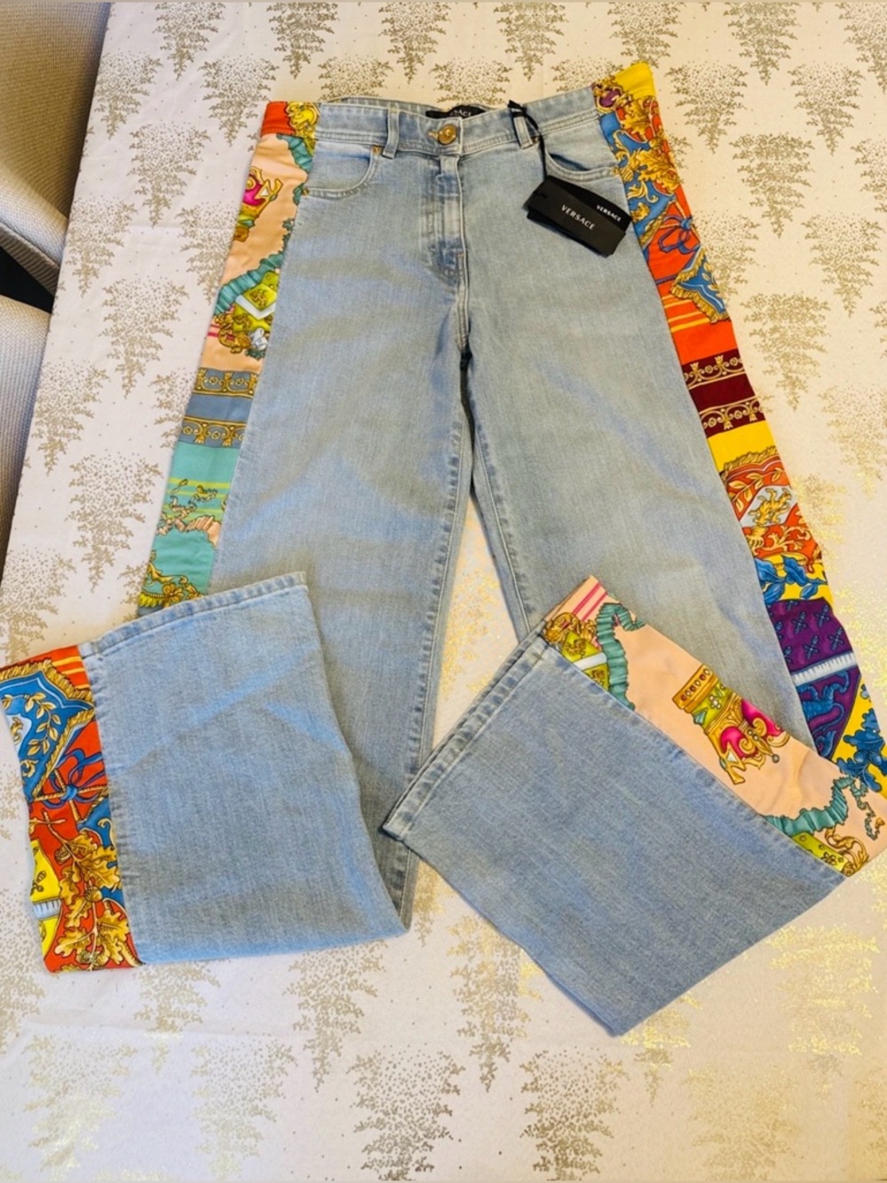 Versace Light Blue Jeans with Multicolor Printed Side Panels